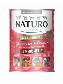 Naturo Grain & Gluten Free - łosoś & kurczak, owoce & warzywa w galarecie z ziołami puszka 390g