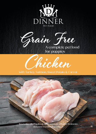 Dinner Puppy Kurczak z indykiem, łososiem, batatami i marchewką 12kg - hipoalergiczna, bezzbożowa karma dla szczeniąt