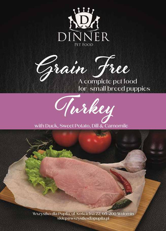 Dinner Puppy Small Indyk z kaczką, batatami i koprem włoskim 2kg - hipoalergiczna, bezzbożowa karma dla szczeniąt małych ras