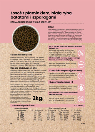 Dinner Puppy Łosoś z plamiakiem, białą rybą, batatami i szparagami 12kg - hipoalergiczna, bezzbożowa karma dla szczeniąt