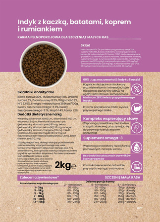 Dinner Puppy Small Indyk z kaczką, batatami i koprem włoskim 2kg - hipoalergiczna, bezzbożowa karma dla szczeniąt małych ras
