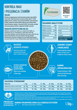 Dinner Peptide+ Kontrola wagi i pielęgnacja stawów - hydrolizowana biała ryba 1,5kg - sucha karma dla dorosłych psów