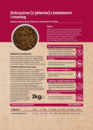 Dinner Dziczyzna z jelenia z łososiem, batatami i morwą 2kg - Hipoalergiczna, bezzbożowa karma dla psa dorosłego
