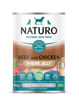 Naturo Grain & Gluten Free - wołowina & kurczak w galarecie z ziołami puszka 390g